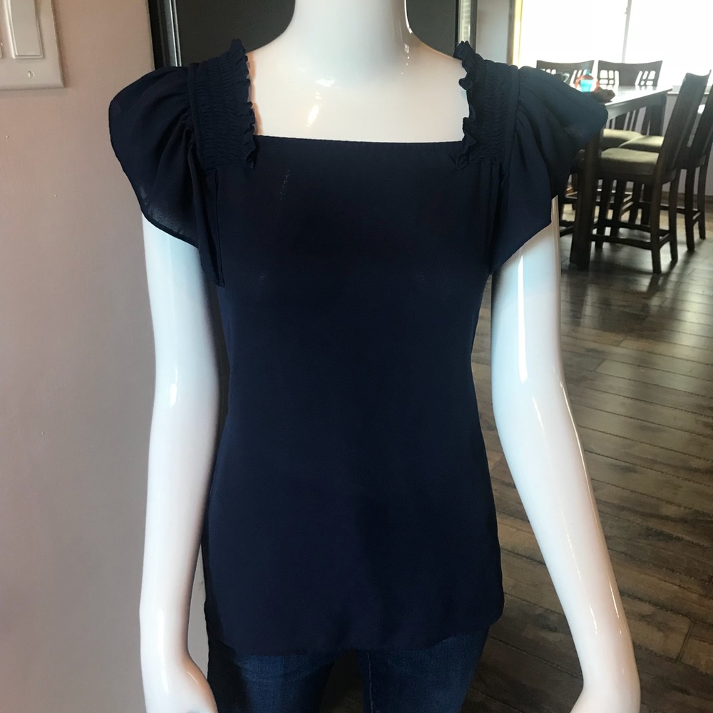 Navy Ruffle Sleeve Blouse